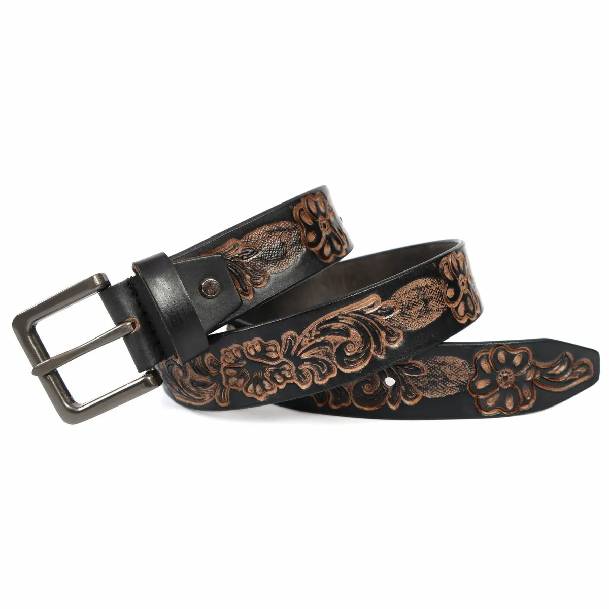 Genuine Leather Belt for Men Western Floral Design - Image 1