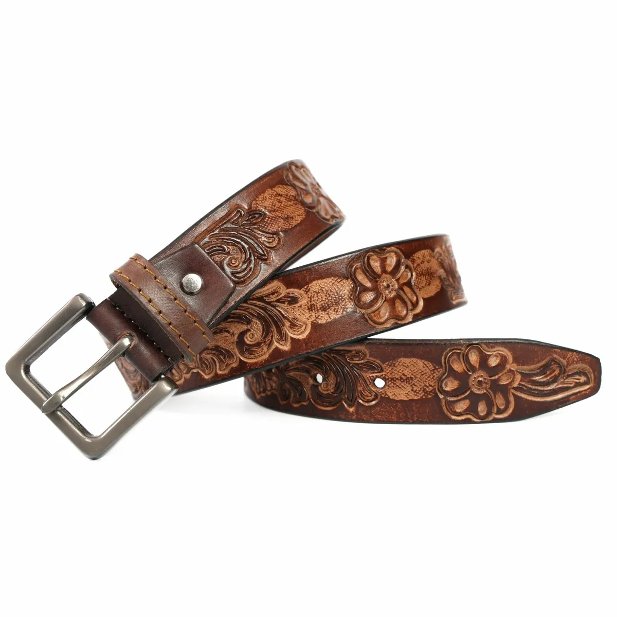 Genuine Leather Belt for Men Western Floral Design - Image 1
