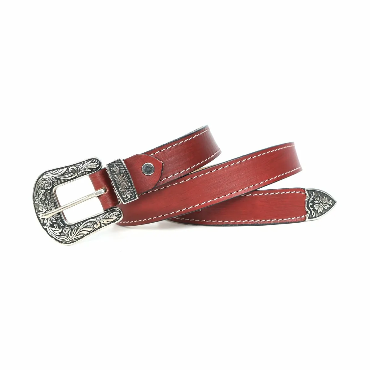 Leather Floral  Engraved Buckle Cowgirl Belt - Image 1