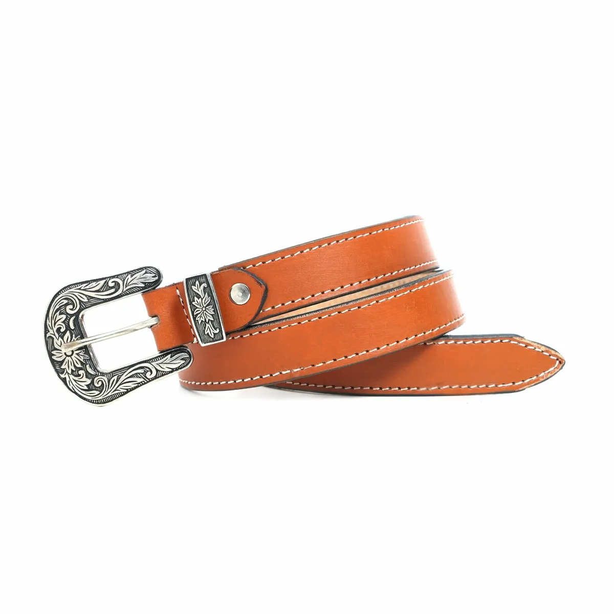 Leather Floral  Engraved Buckle Cowgirl Belt - Image 1