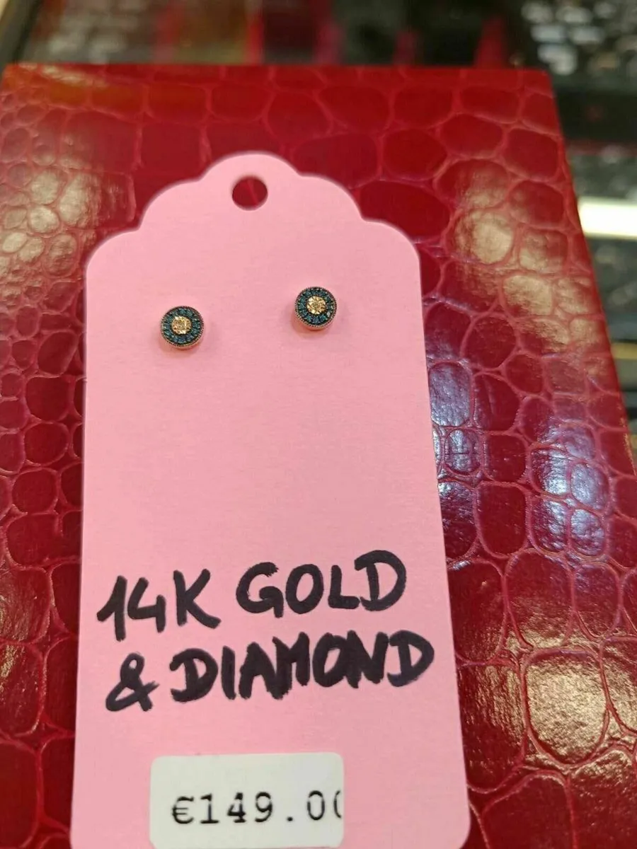 14k Gold Diamond & Blue Sones Earrings, Studs - Image 2