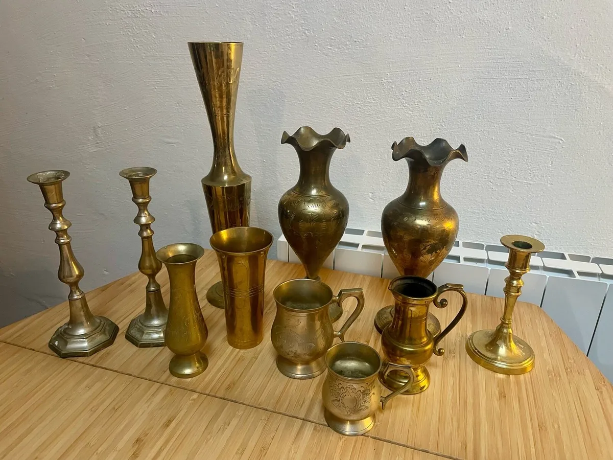 Brass candlesticks and ornaments - Image 1