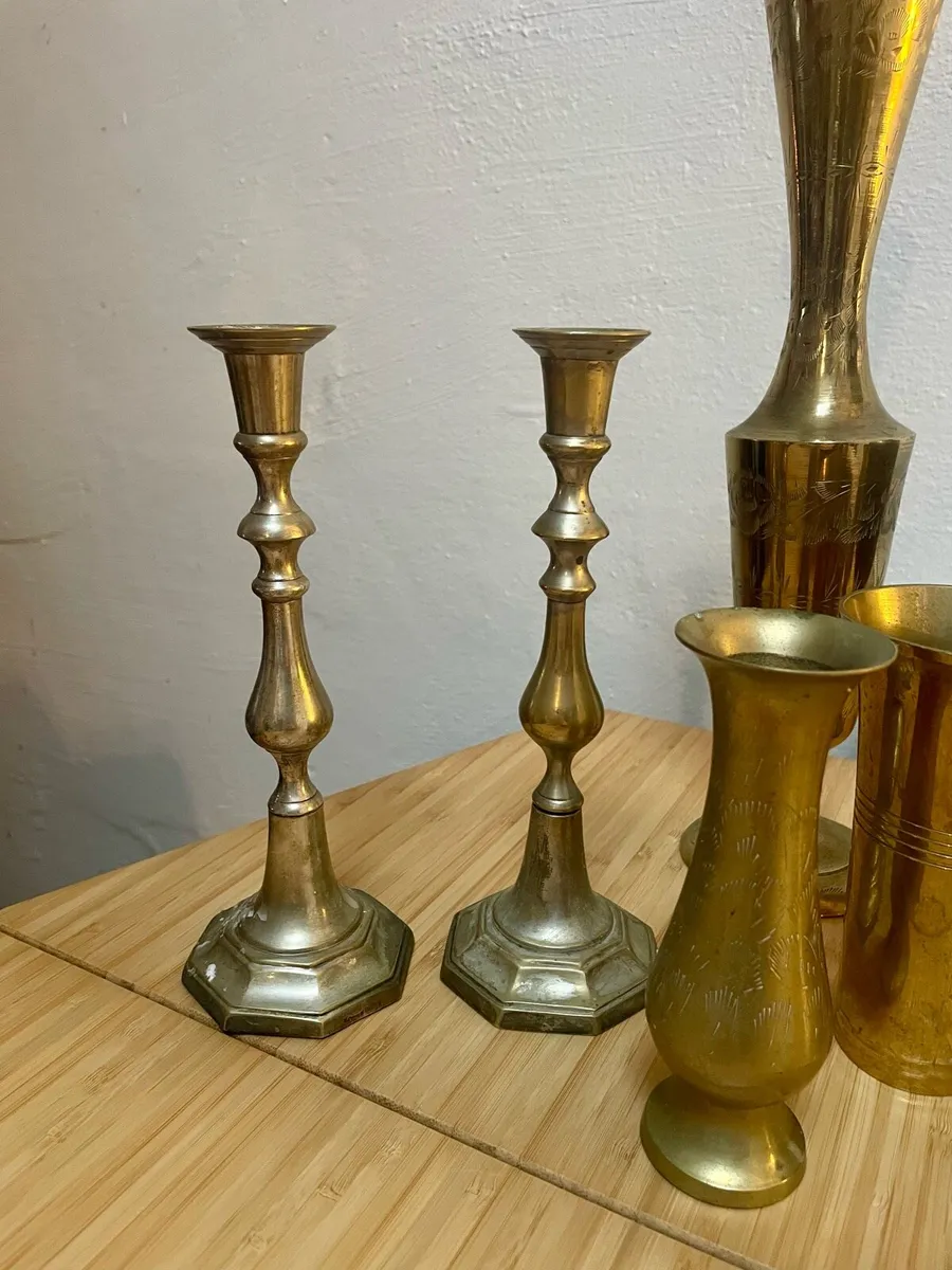 Brass candlesticks and ornaments - Image 2