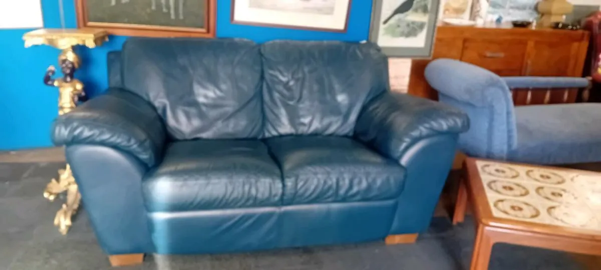 Navy Leather Two Seat Sofa