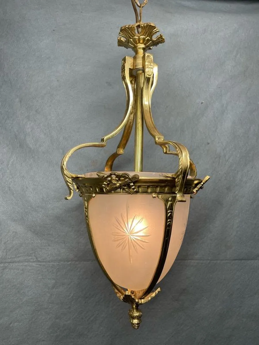 Elegant Brass Lantern Pendant with Frosted Star Etched Glass - Image 1