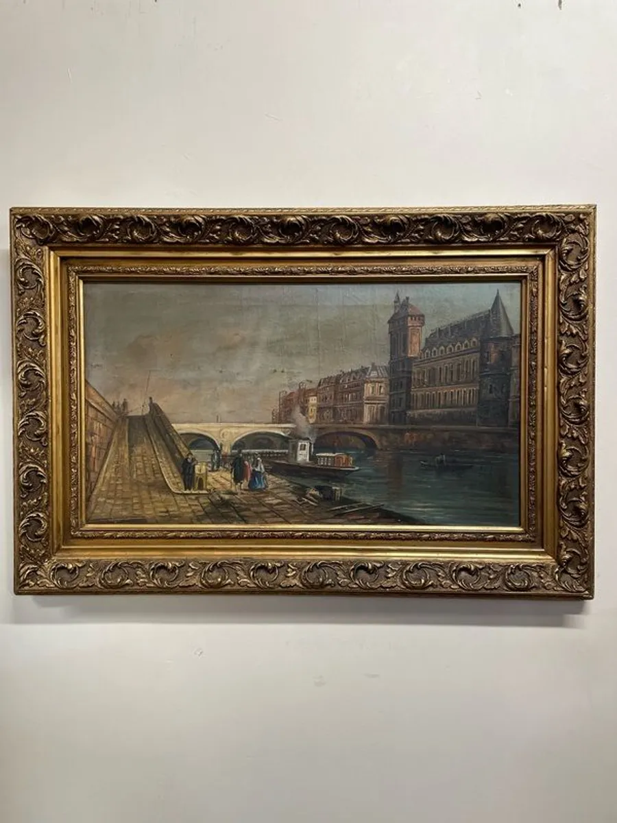 Classic Cityscape with Boats and Bridge Oil Painting - Image 1