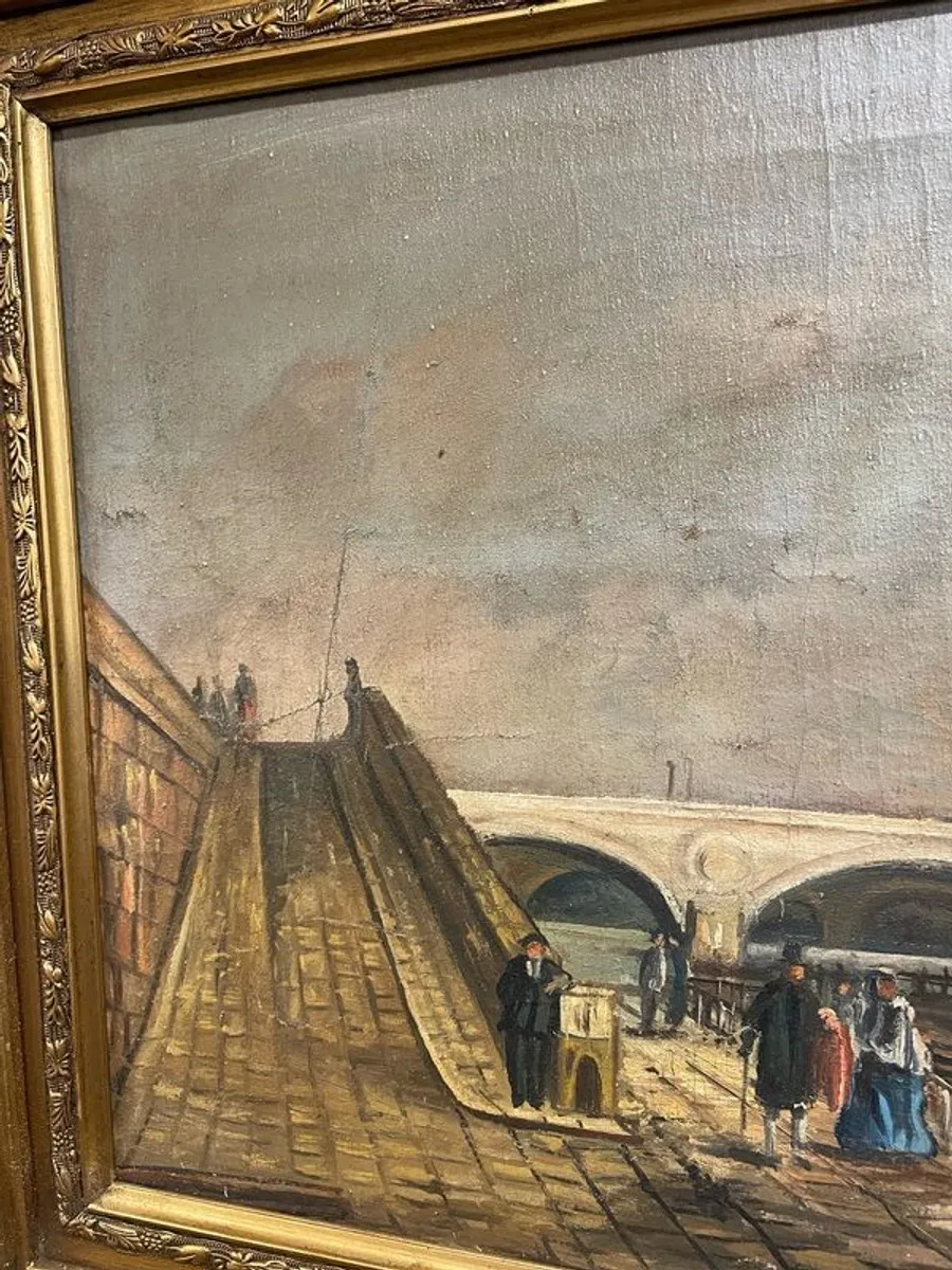 Classic Cityscape with Boats and Bridge Oil Painting - Image 2