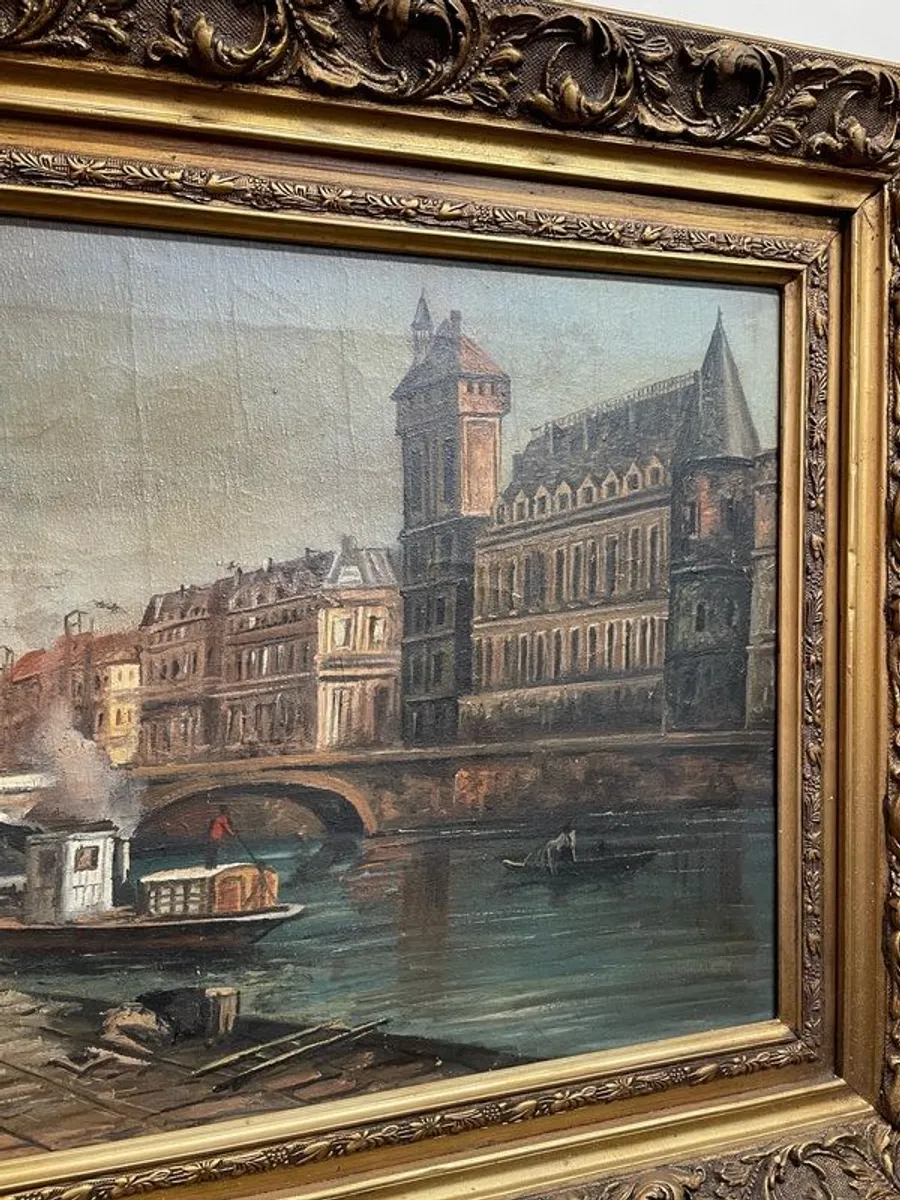Classic Cityscape with Boats and Bridge Oil Painting - Image 3
