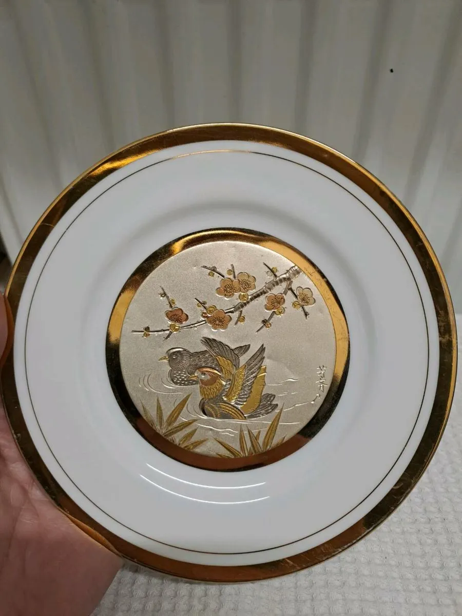 24 k gold Chokin decorative plate duck and plum bl - Image 1