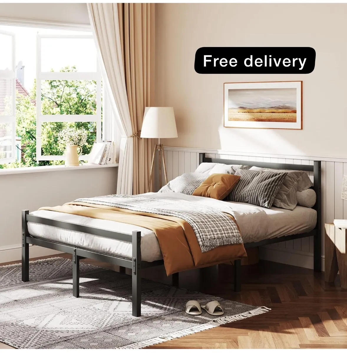4ft6 Double Bed Frame with Headboard, Black Metal - Image 1