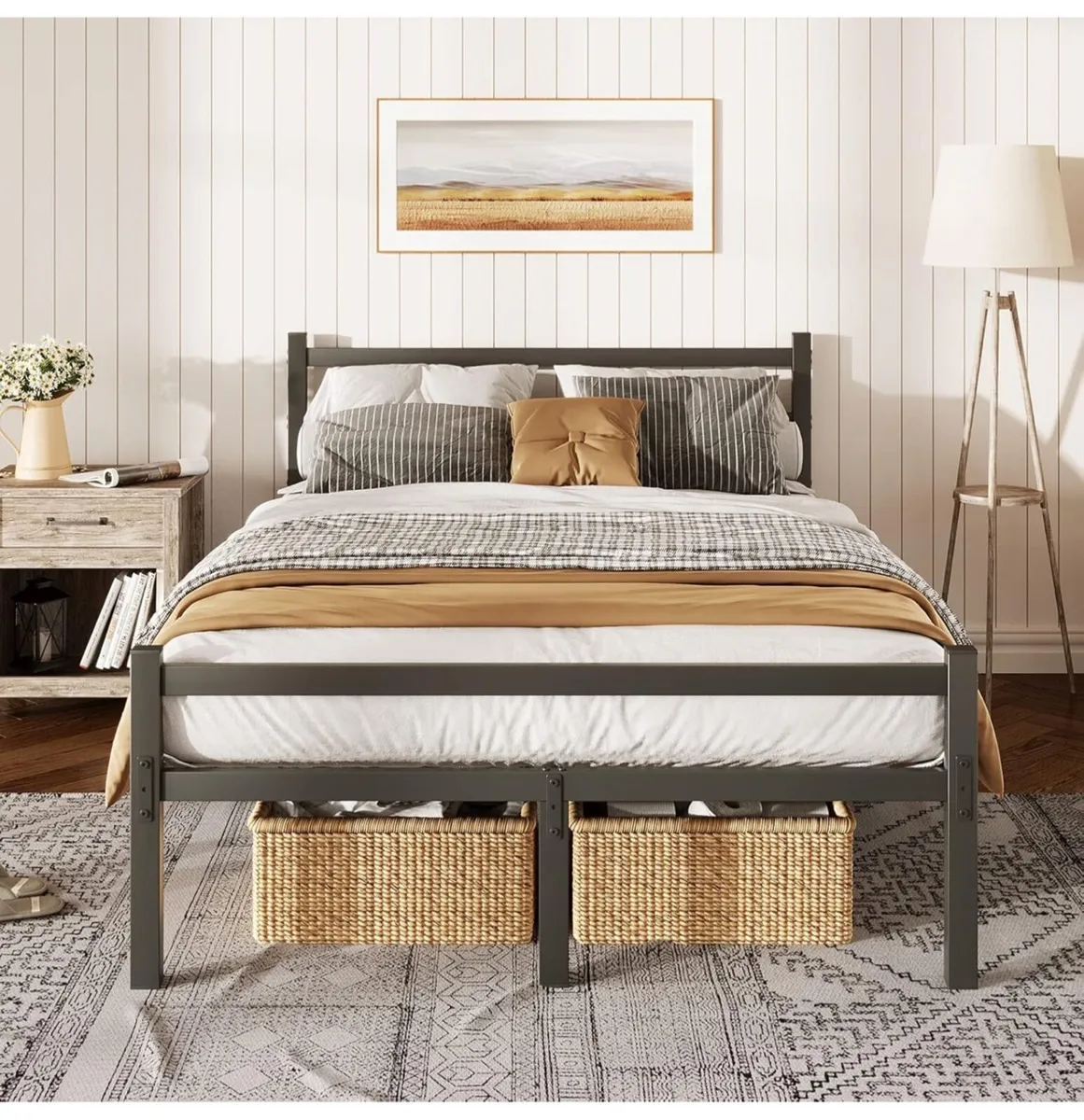 4ft6 Double Bed Frame with Headboard, Black Metal - Image 3