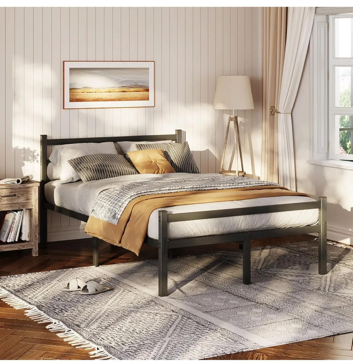 4ft6 Double Bed Frame with Headboard, Black Metal - Image 1