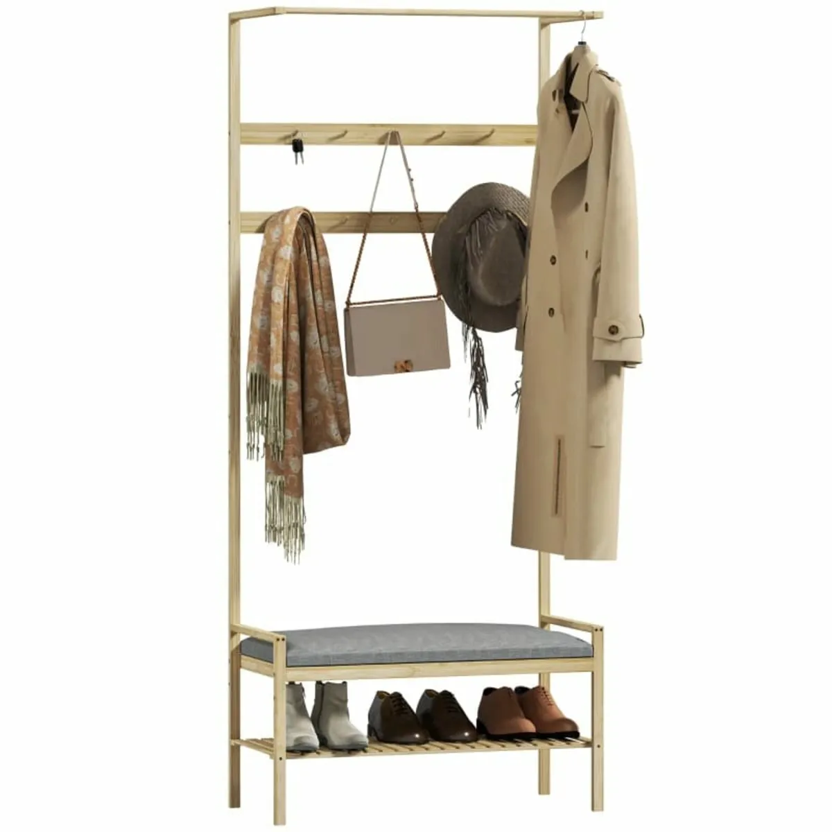 Coat rack with shoe bench, clothes rail, 10 garmen - Image 2