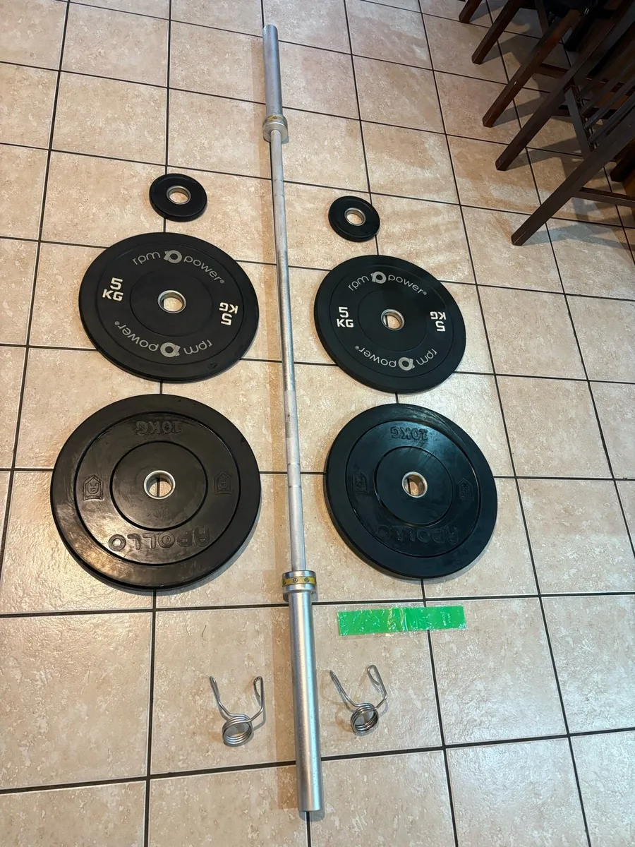 CHEAP, APOLLO + RPM BUMPER PLATES,20KG OLYMPIC BAR - Image 1