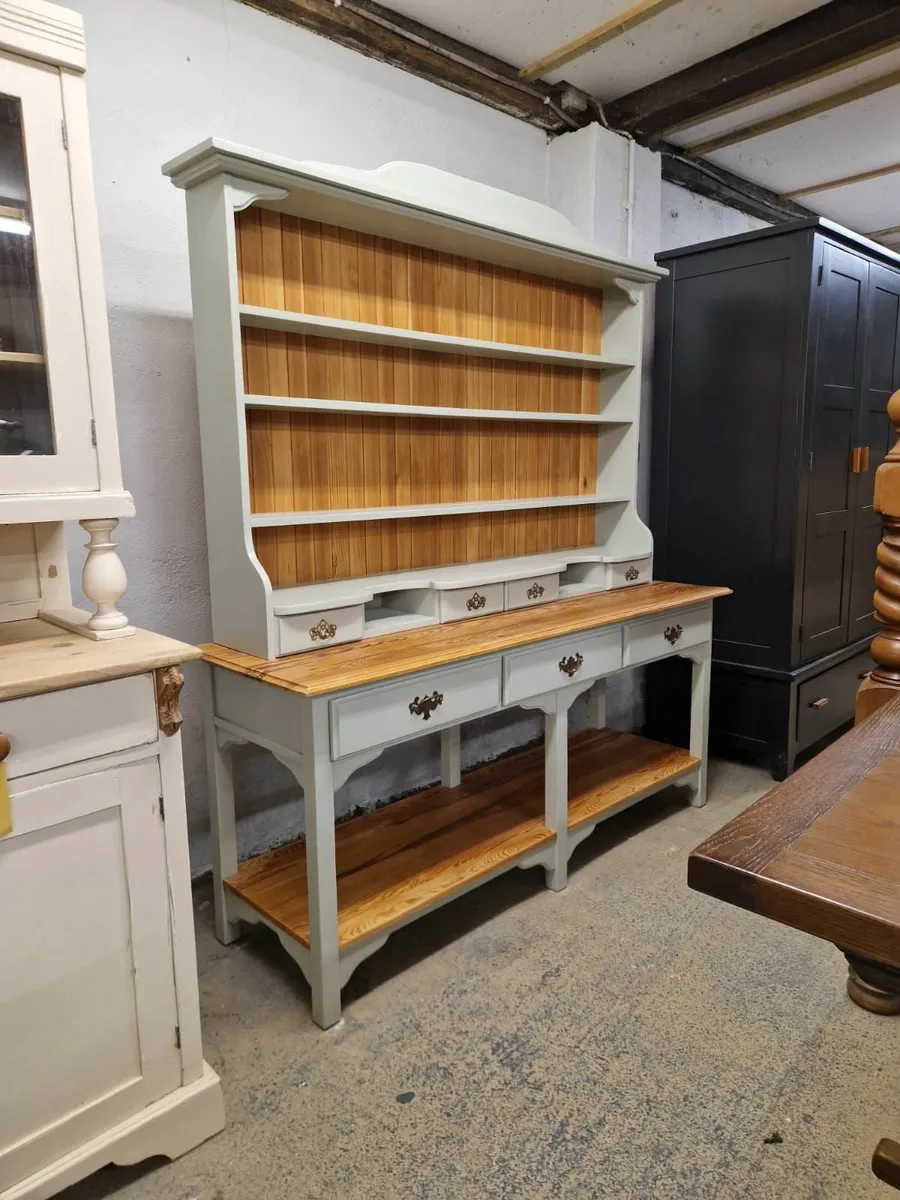 Large vintage pine kitchen dresser, sage green - Image 4