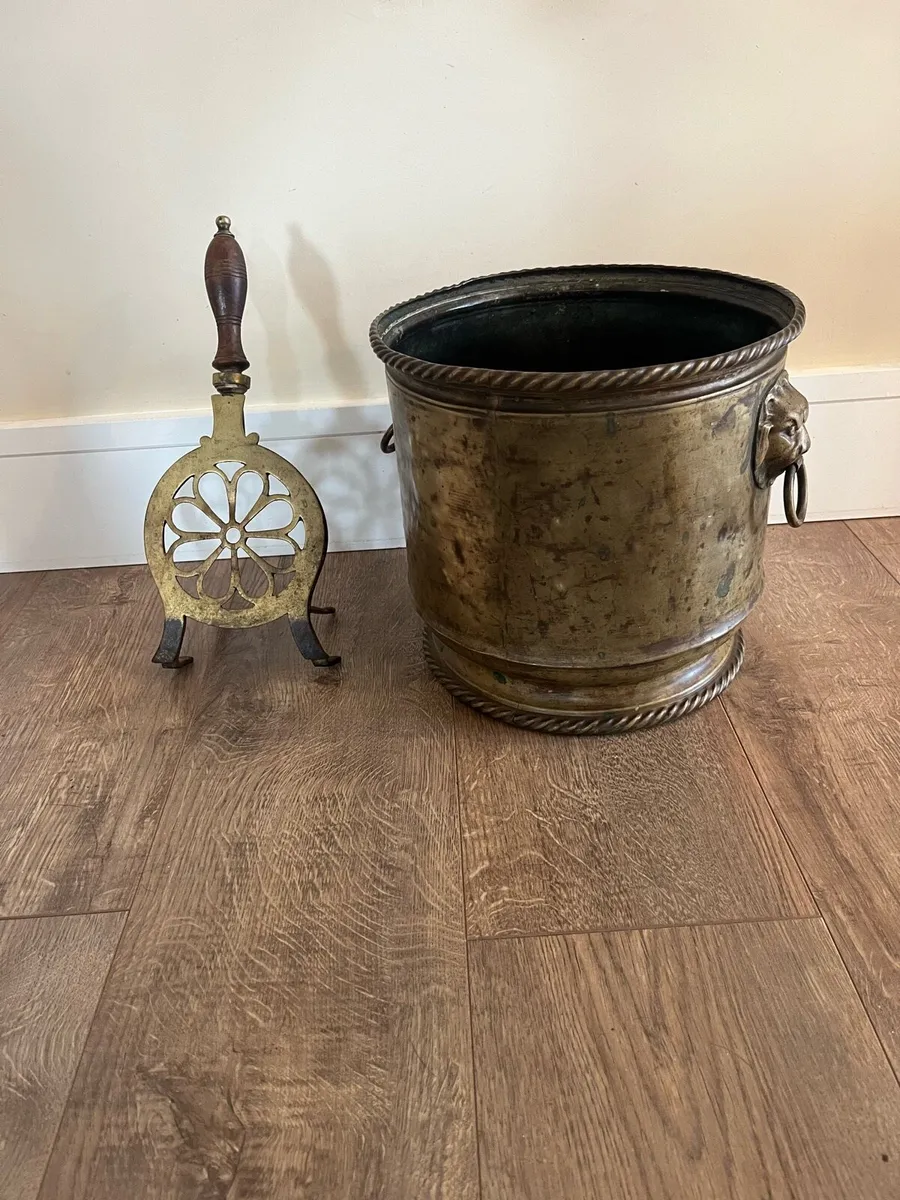 Vintage Brass Coal Bucket & Victorian Fire Trivel - Image 2