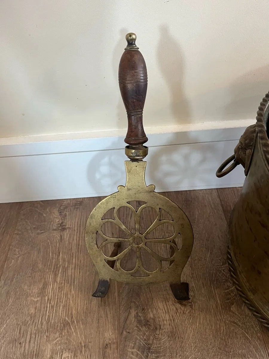 Vintage Brass Coal Bucket & Victorian Fire Trivel - Image 4