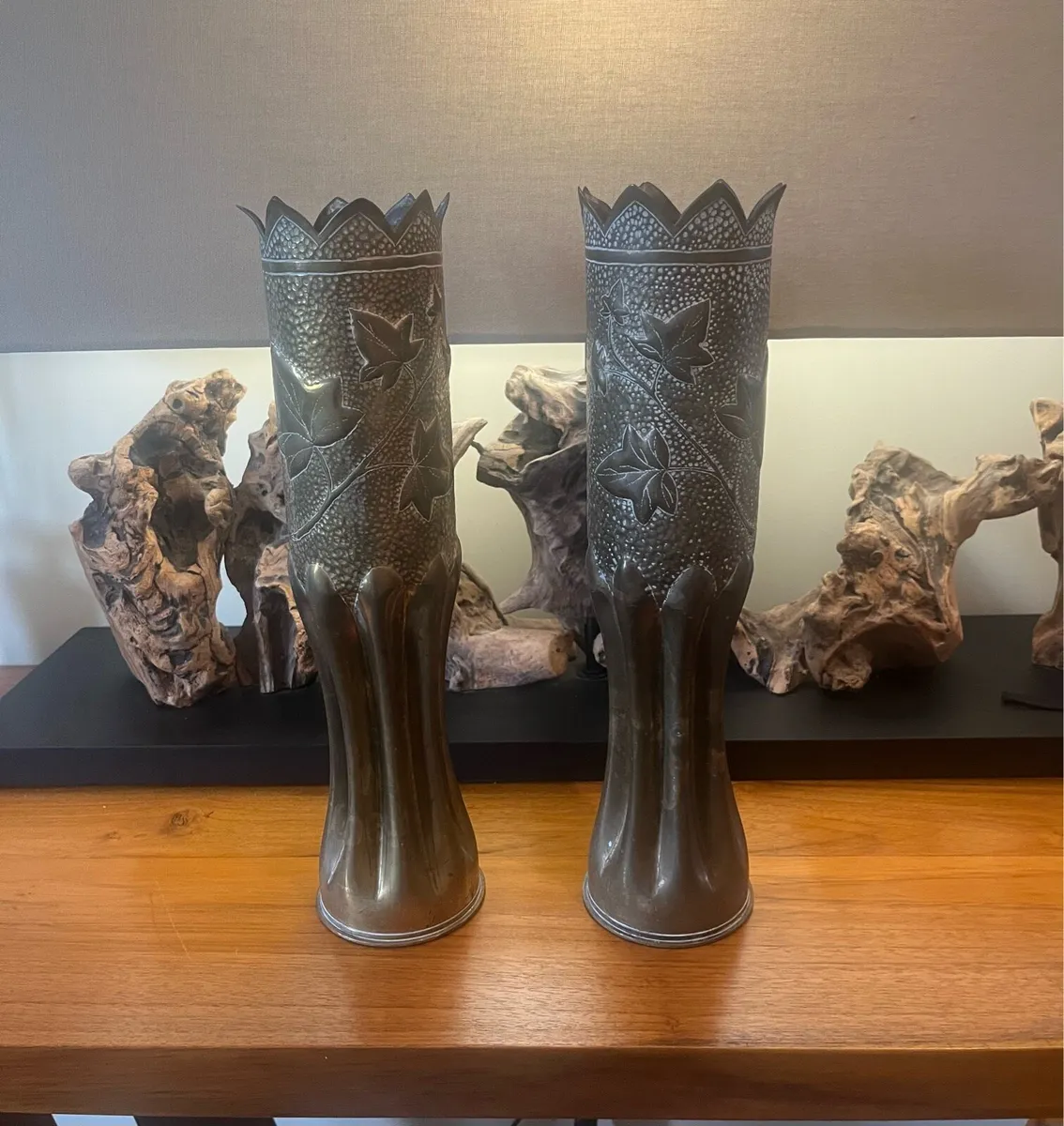 Pair of WW1 Trench Art Shell Vases - Image 1