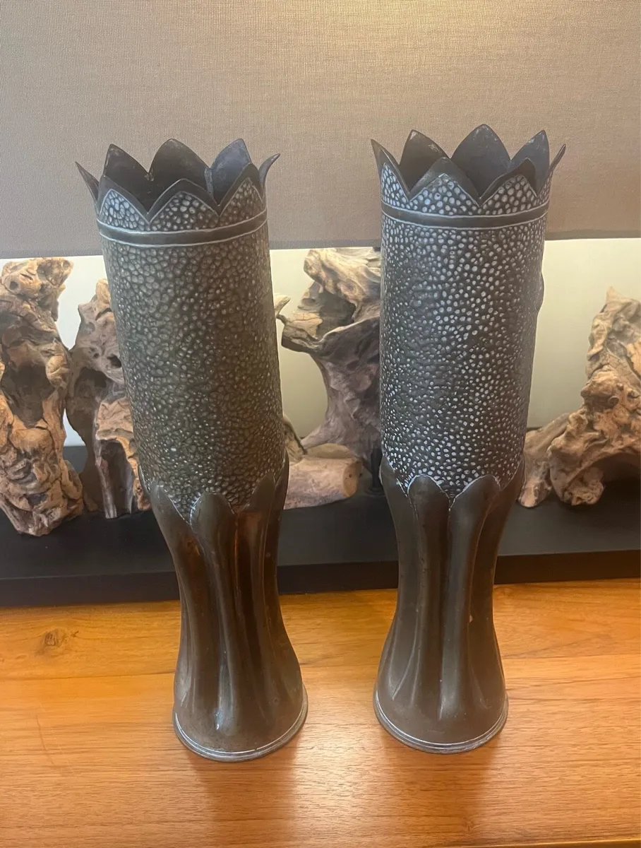Pair of WW1 Trench Art Shell Vases - Image 4