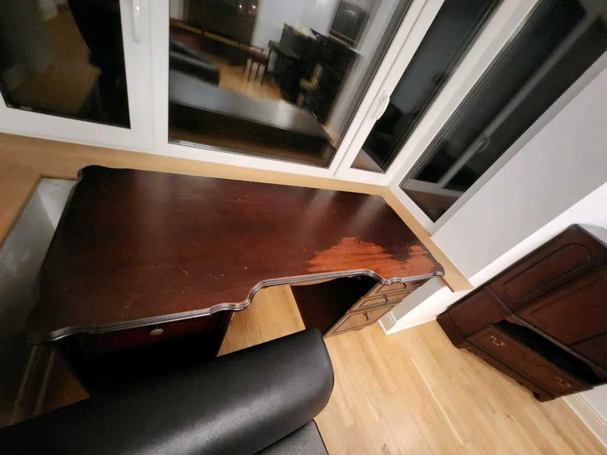 Solid Mahogany Office Desk, Display Cabinet and TV - Image 3