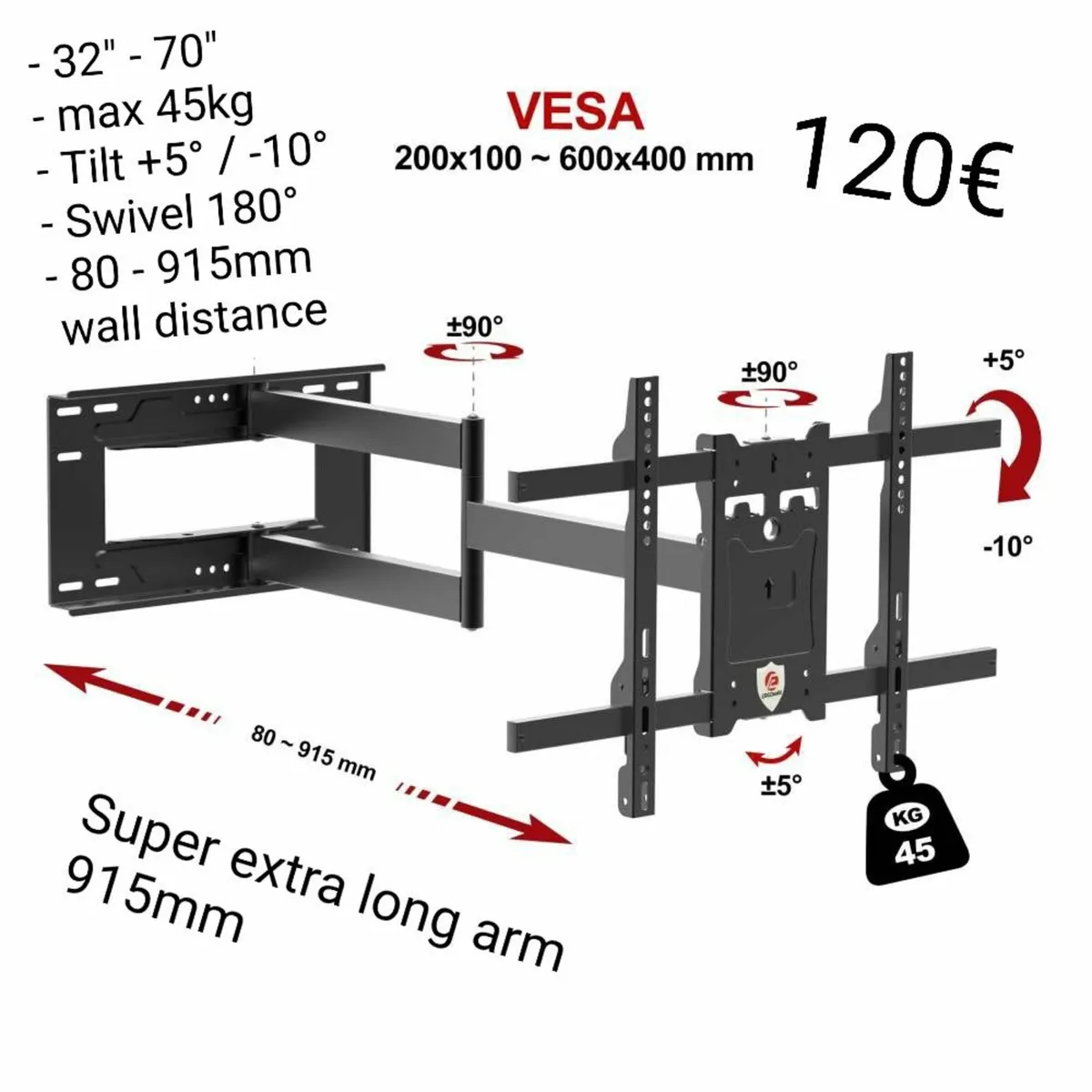 Tv Wall Mount Bracket Tilt Swivel Long Arm 32-70" - Image 1