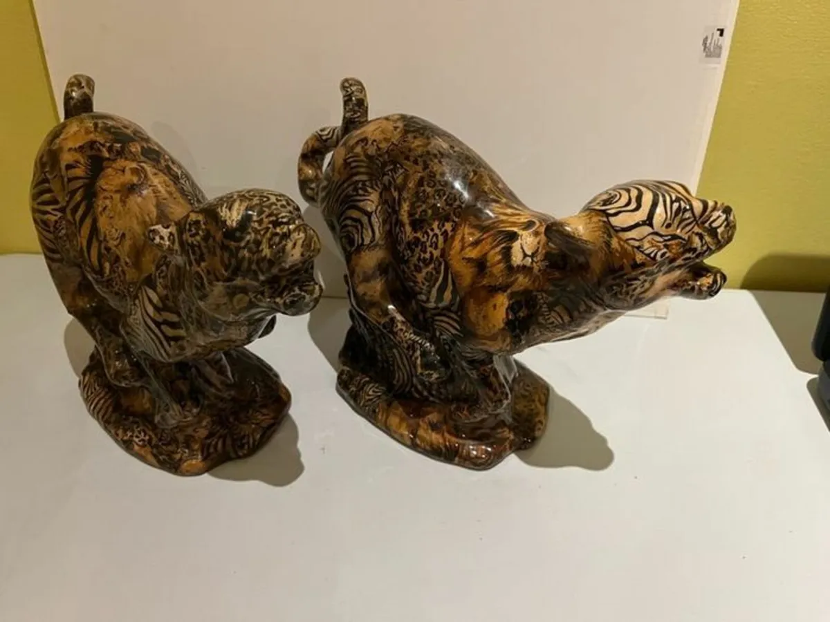 Vintage - Collage - Glazed Ceramic Leopards. Pair - Image 1