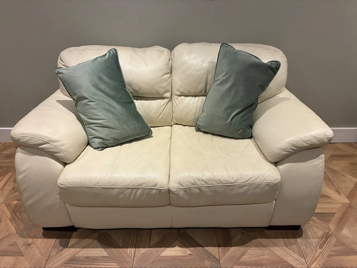 Two Identical Cream Leather Two-Seater Sofas - Image 1