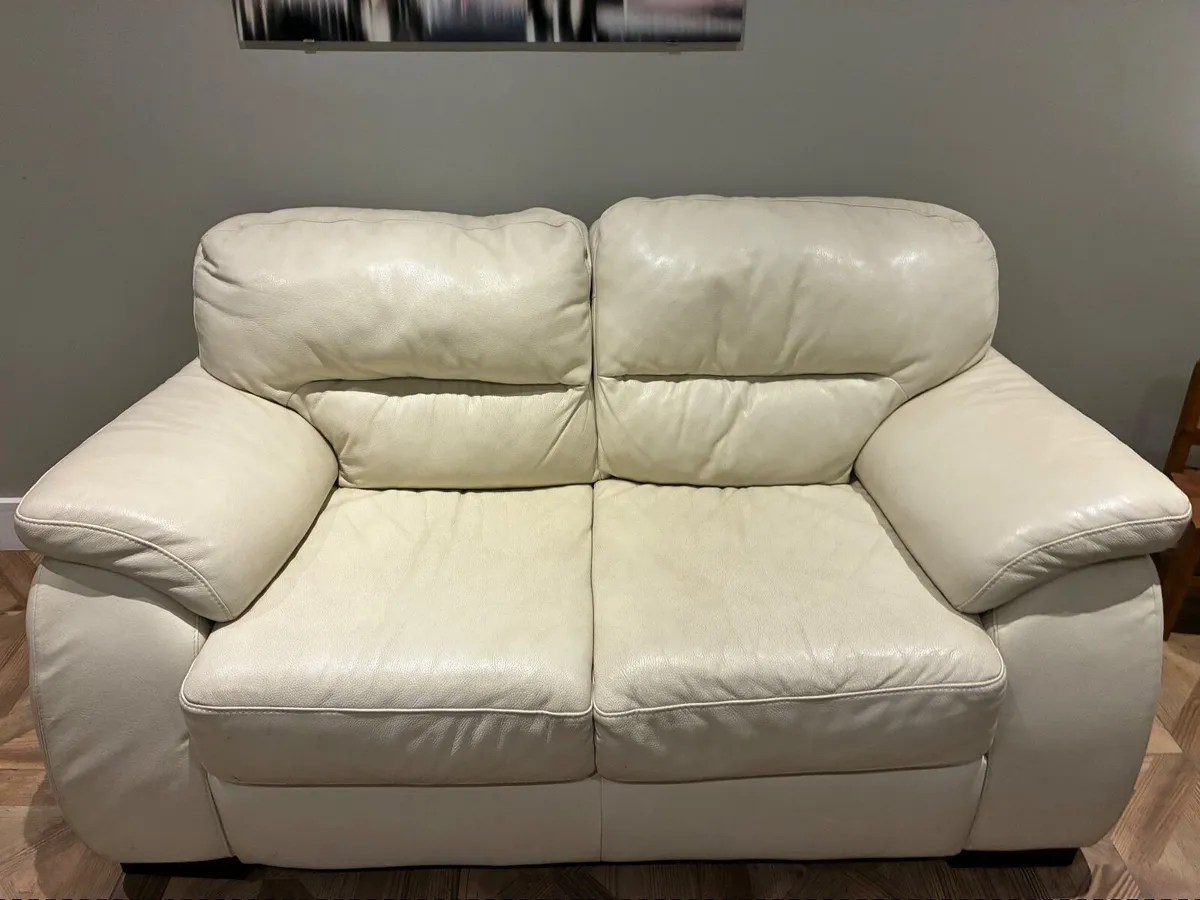 Two Identical Cream Leather Two-Seater Sofas - Image 2