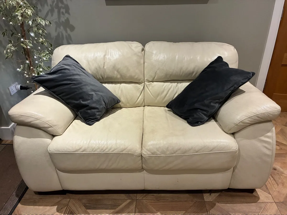 Two Identical Cream Leather Two-Seater Sofas - Image 4