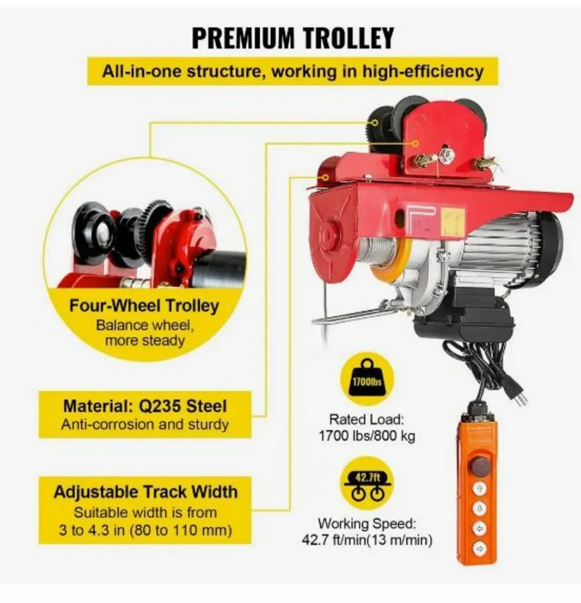 800Kg/1700Lbs Electric Trolley Hoist 1300W - Image 2