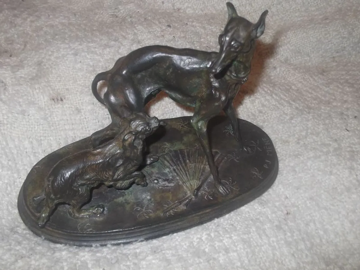 a  lovely antique bronze or metal greyhound and king charles spaniel figure  by p,j.mene - Image 1