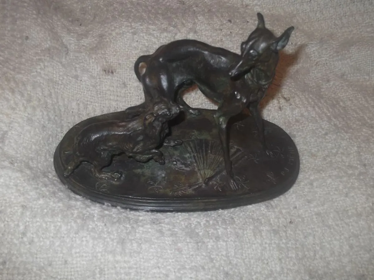 a  lovely antique bronze or metal greyhound and king charles spaniel figure  by p,j.mene - Image 2