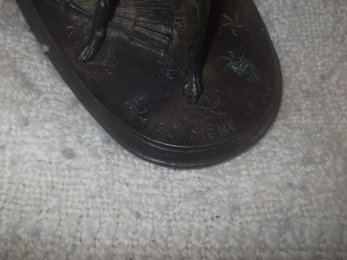 a  lovely antique bronze or metal greyhound and king charles spaniel figure  by p,j.mene - Image 3