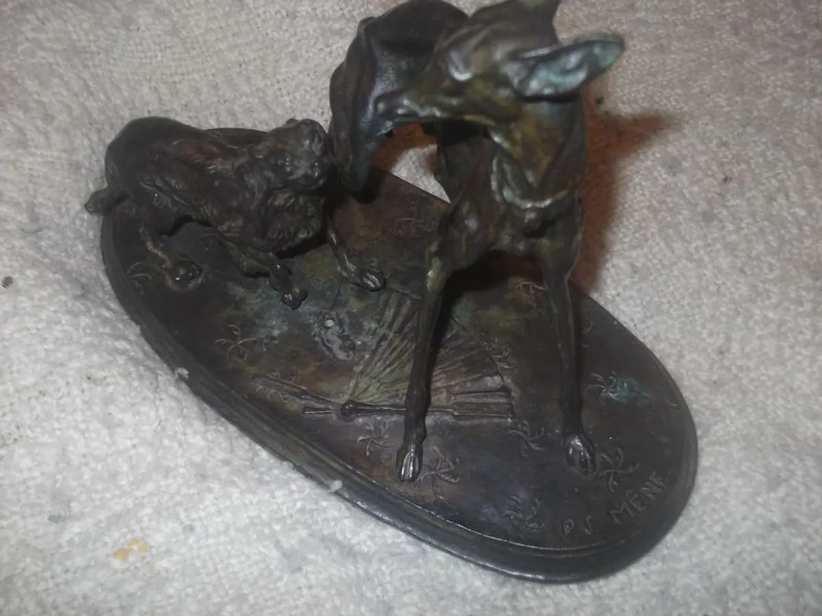 a  lovely antique bronze or metal greyhound and king charles spaniel figure  by p,j.mene - Image 4