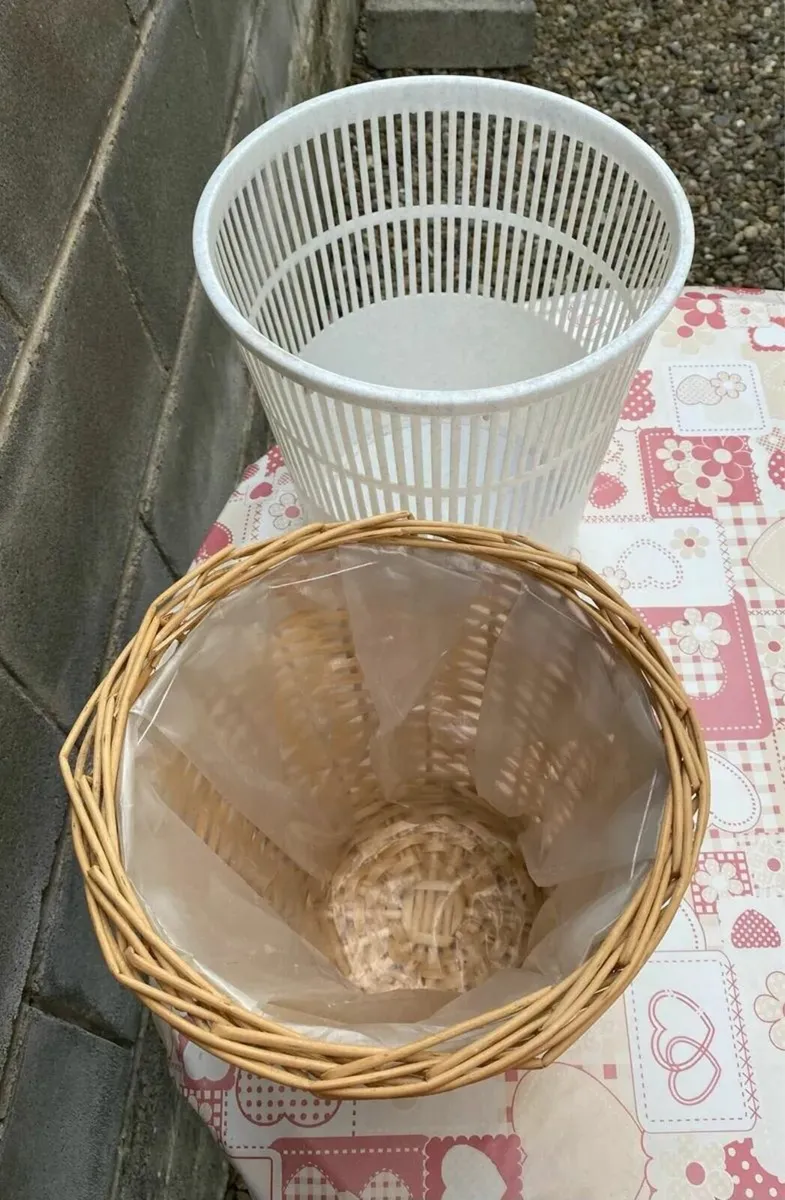2 Waste Paper Bins Baskets, Plastic and Wicker - Image 1