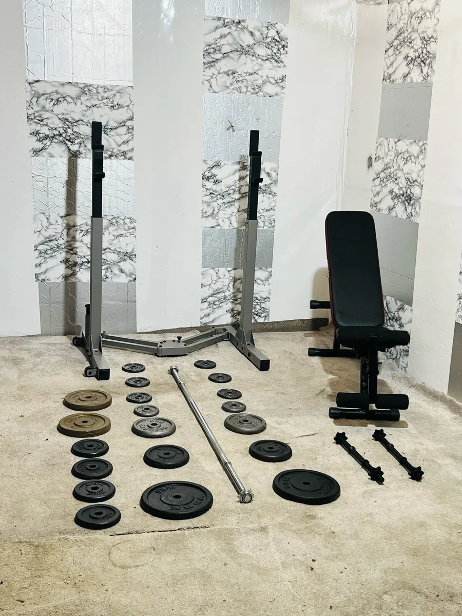 CAST IRON WEIGHTS BARBELL RACK BENCH DUMBBELLS - Image 2