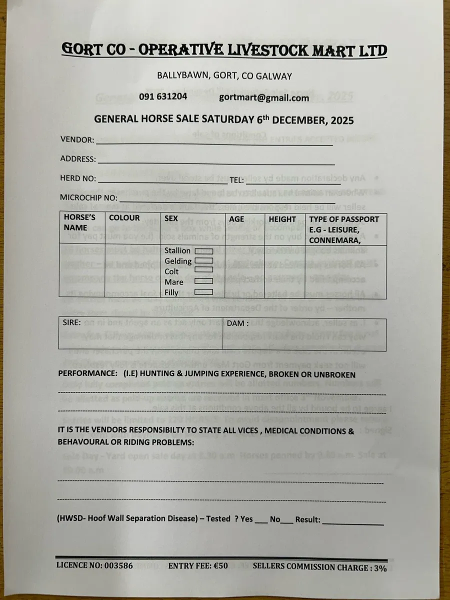 Gort Mart: Pre entry Horse sale : Sat 6th Dec - Image 1