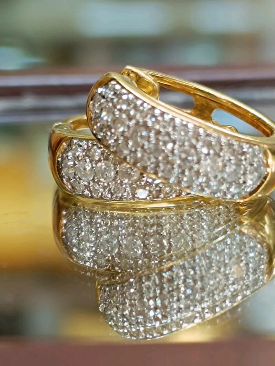 18k Yellow Gold & Diamond Hoops Earrings - Image 2