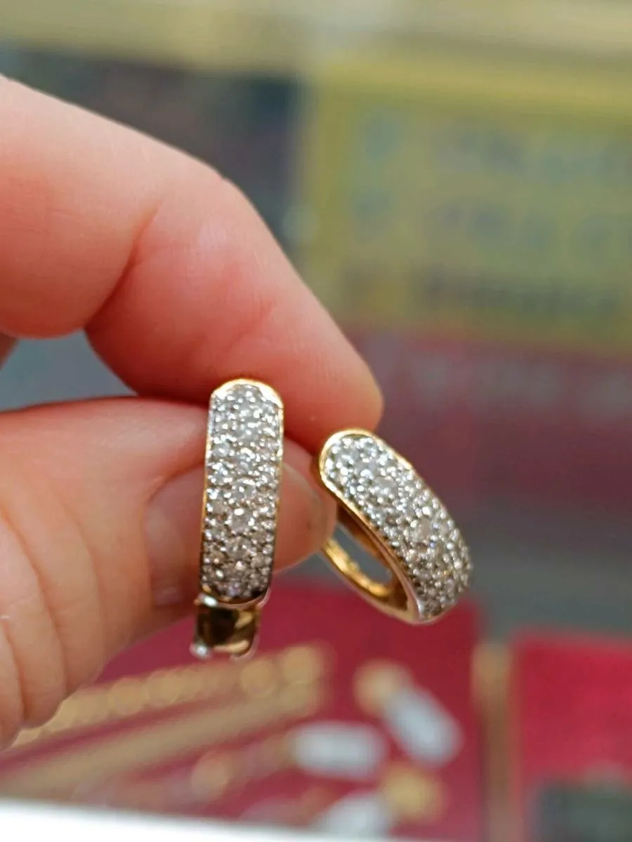 18k Yellow Gold & Diamond Hoops Earrings - Image 3
