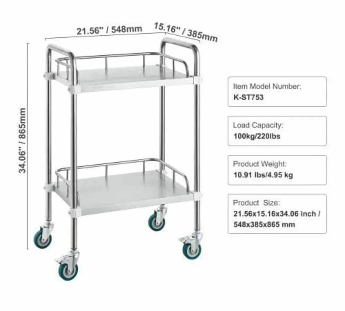Lab Rolling Cart, 2-Shelf Stainless Steel Rolling - Image 2