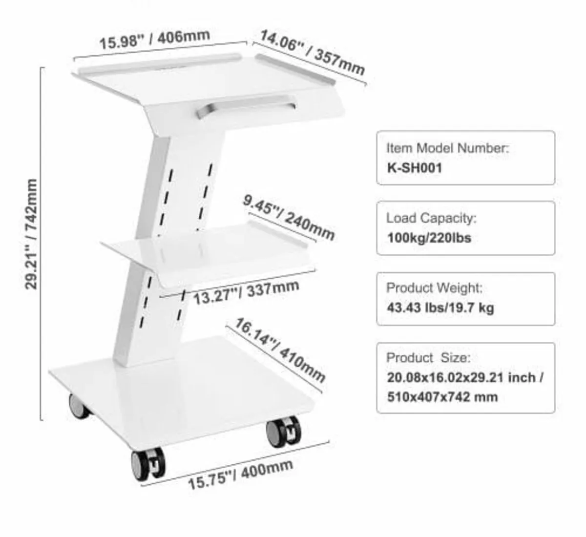 Lab Trolley, Rolling Lab Cart with Built-in Socket - Image 4