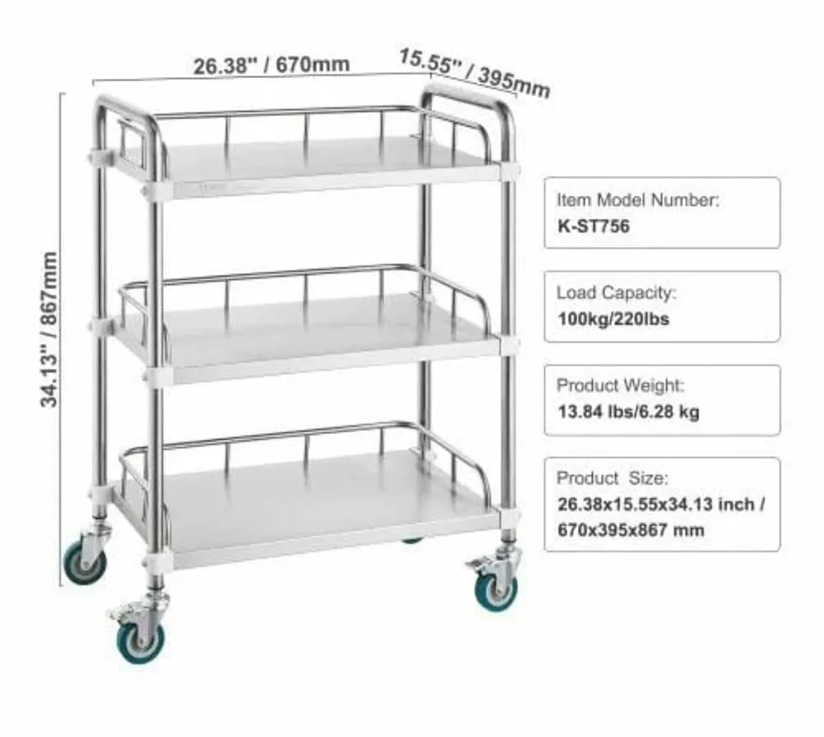 Lab Rolling Cart, 3-Shelf Stainless Steel Rolling - Image 2