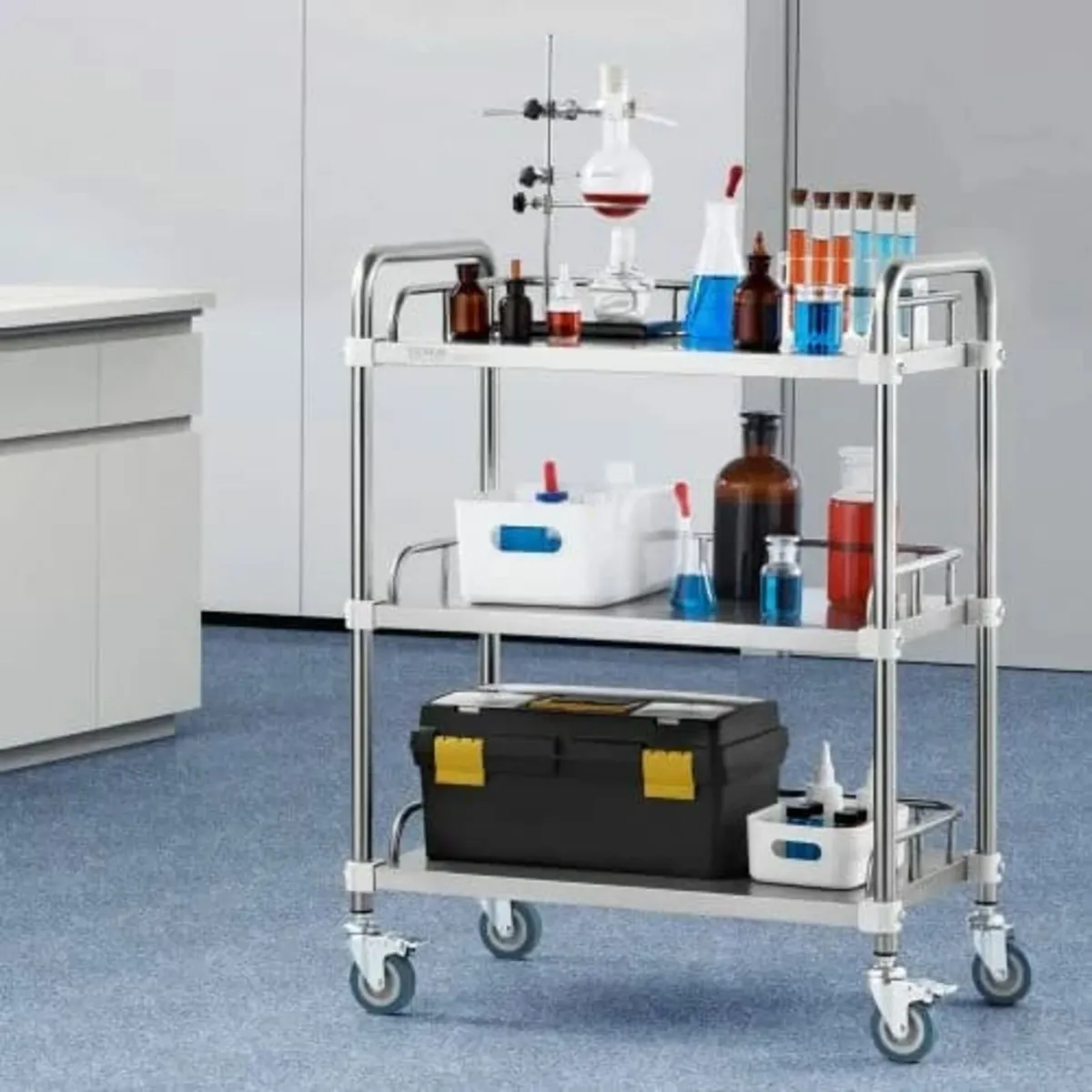 Lab Rolling Cart, 3-Shelf Stainless Steel Rolling - Image 3