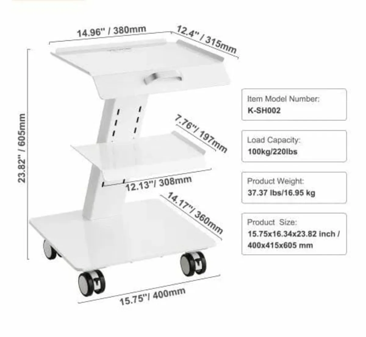 Lab Trolley, 3-Layer Rolling Lab Cart, Metal Mobil - Image 2