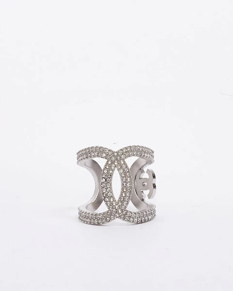 Chanel Silver & Crystal CC Open Cuff Style Ring - Image 2