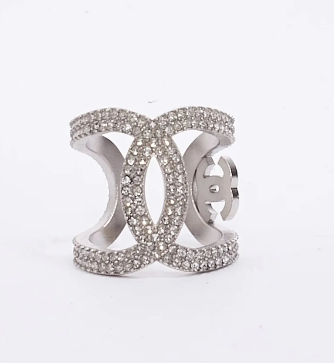 Chanel Silver & Crystal CC Open Cuff Style Ring - Image 1