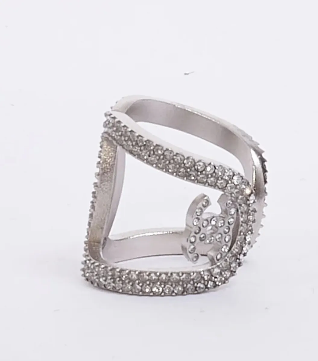 Chanel Silver & Crystal CC Open Cuff Style Ring - Image 3