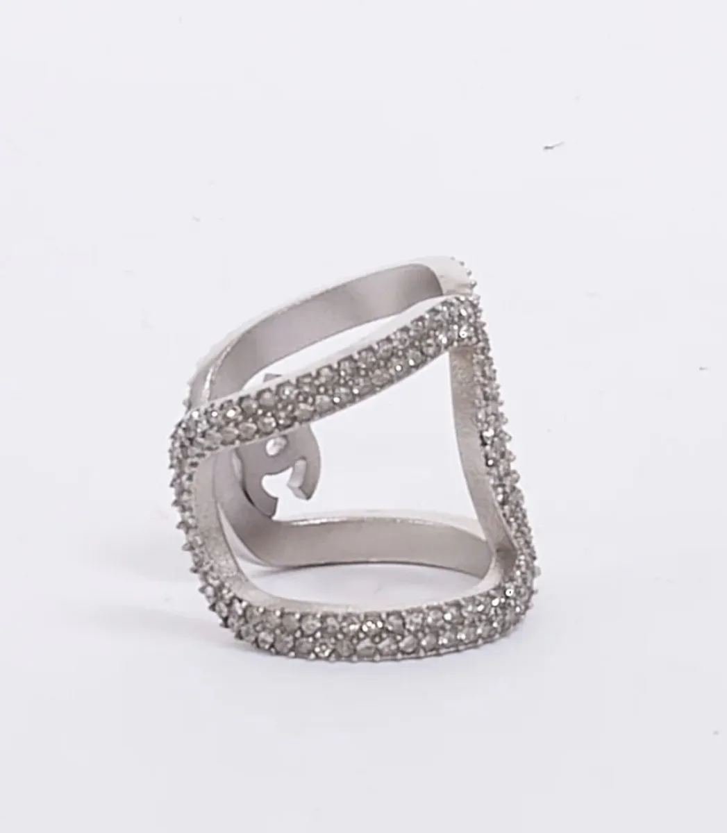 Chanel Silver & Crystal CC Open Cuff Style Ring - Image 4
