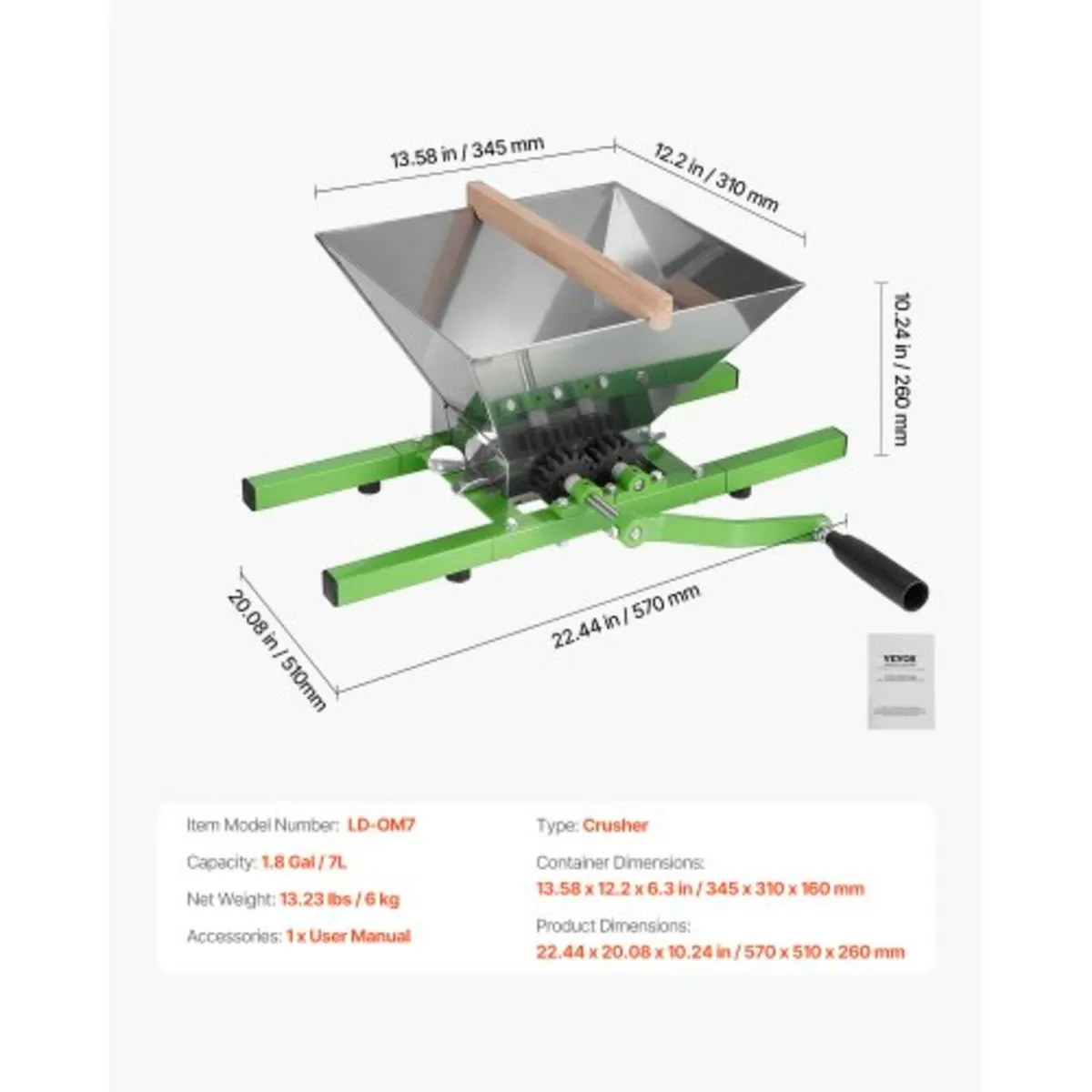 1.8 Gal/7L Fruit and Apple Crusher, Large Manual G - Image 4