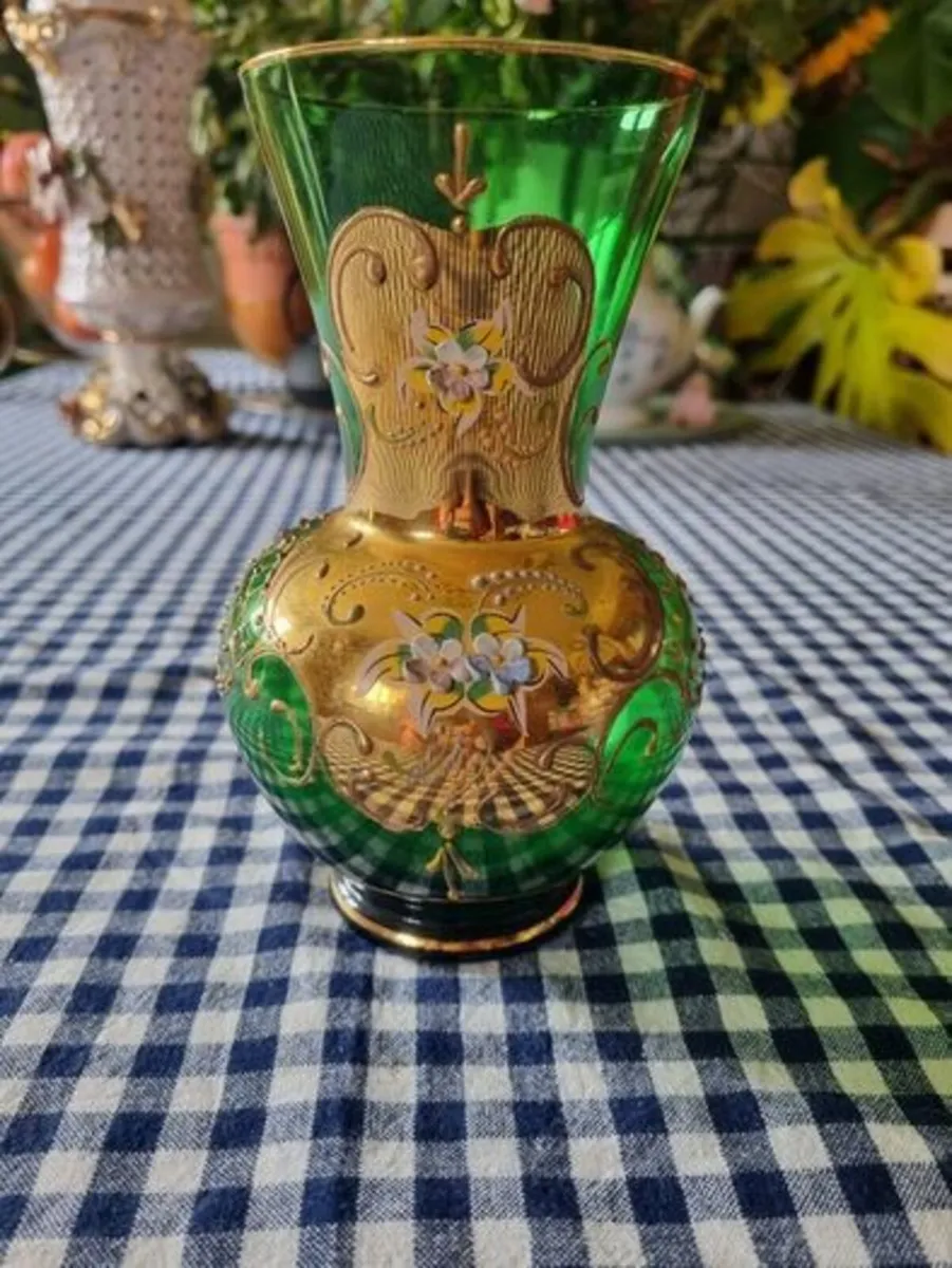 Vintage Bohemian Glass Czech Green Gold Vase - Image 1